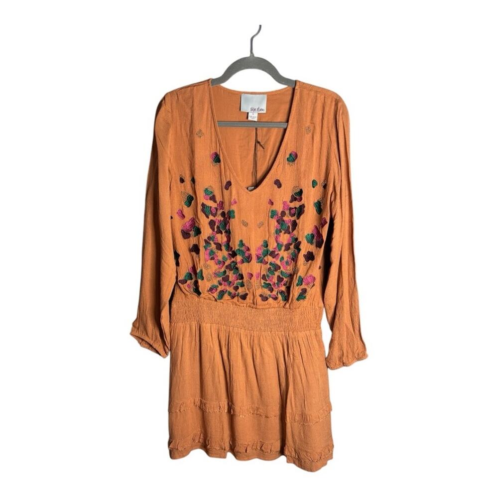 Chloe Oliver Brown Long Sleeve Embroidered Drop Waist Dress V Neck Small